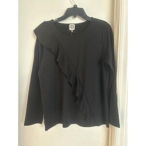 NWT Anne Klein Women's Black Ruffled Top Size M Long Sleeve